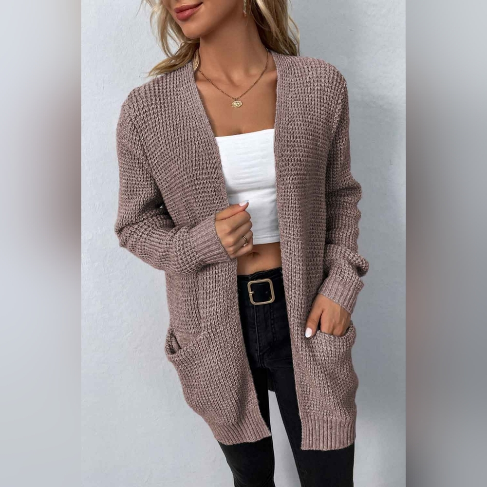 Rib-Knit Open Front Pocketed Cardigan - Picture 4 of 4